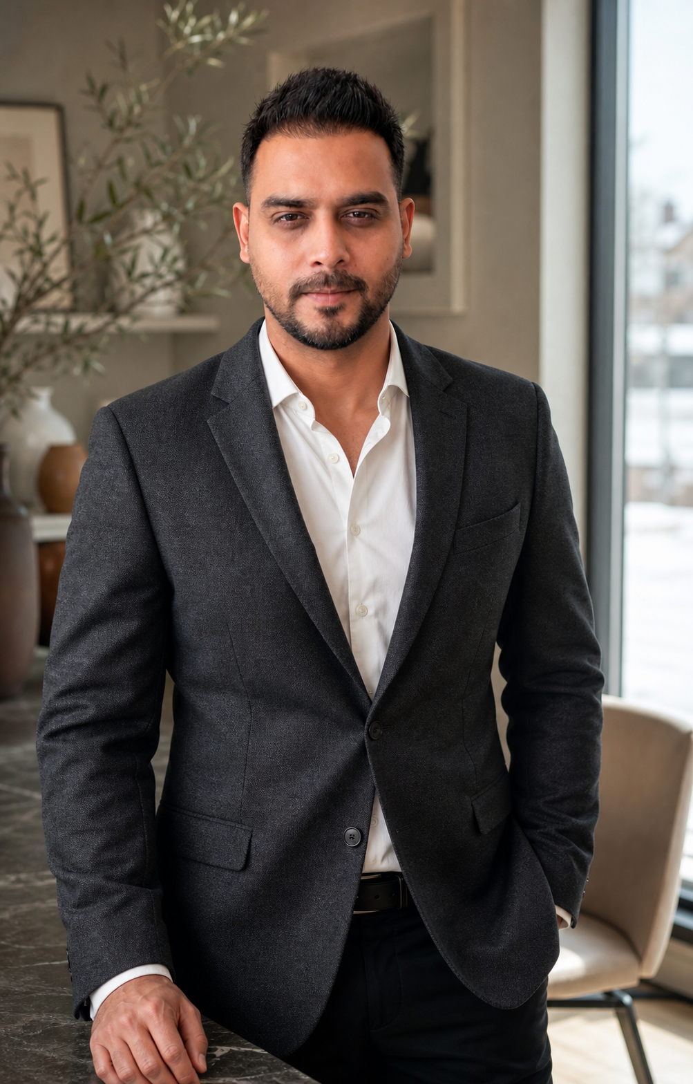 Portrait of Md. Evan in a charcoal jacket beside a window